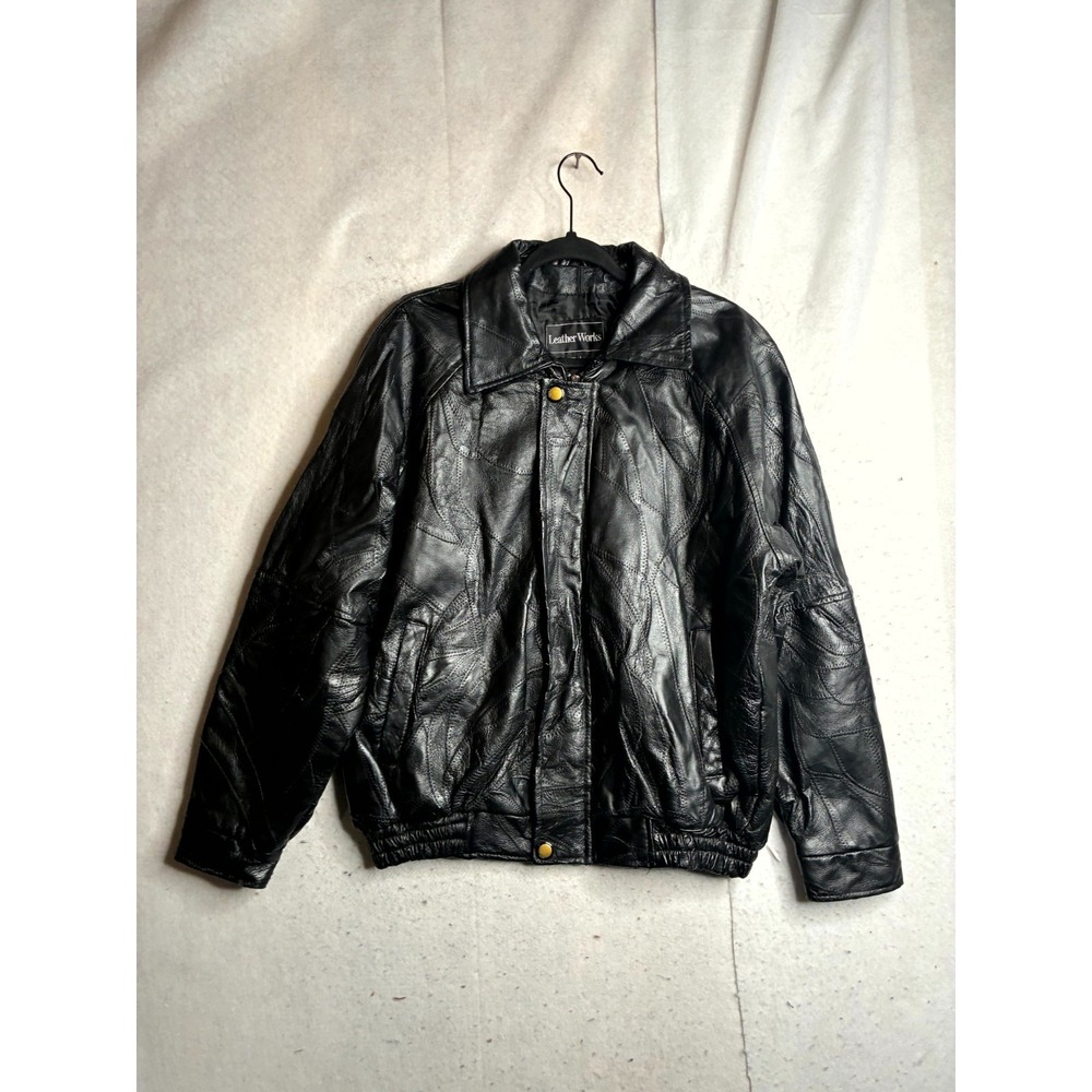 Leather Works Jacket Mens Large Black Lined Long Sleeve Collared Snap Inside Zip